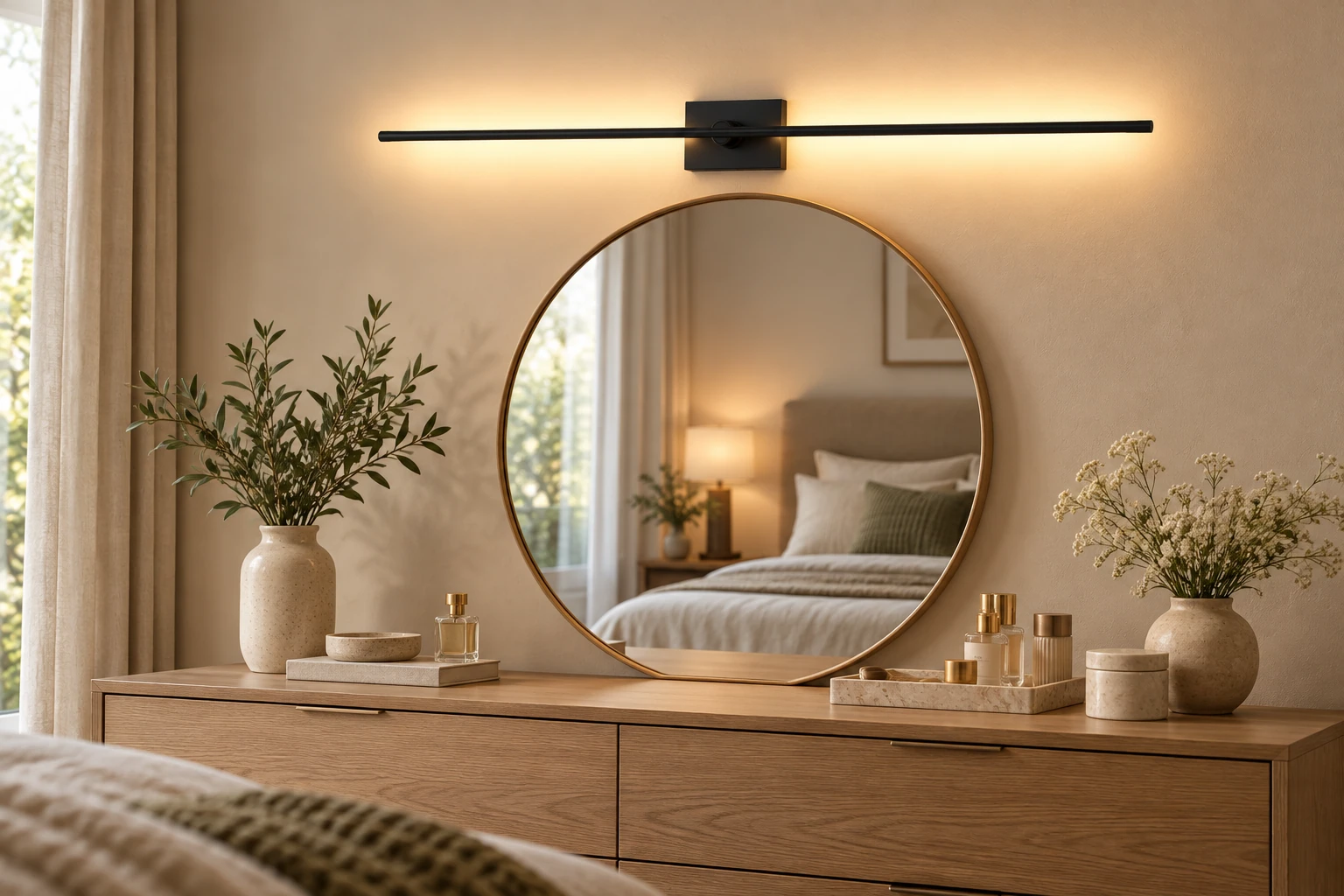 A black rechargeable sconce mounted horizontally above a bedroom mirror, with its rectangular pivot housing centered on the light tube.