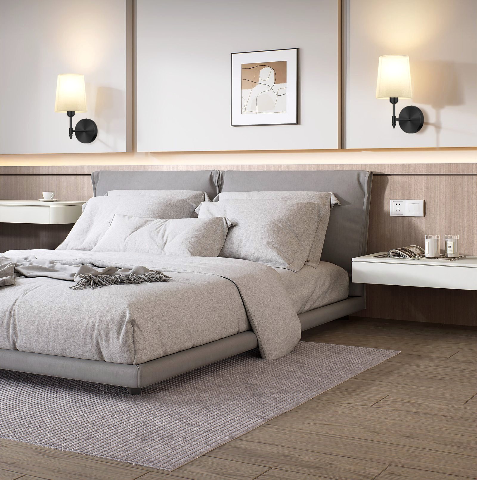 Bedroom lit by rechargeable wall lights