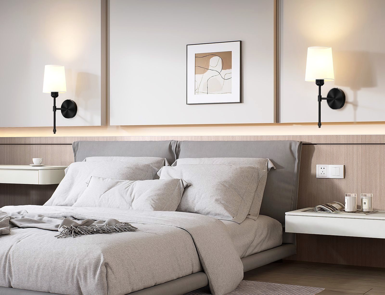A warm bedroom lit by rechargeable wall sconces at 3000K