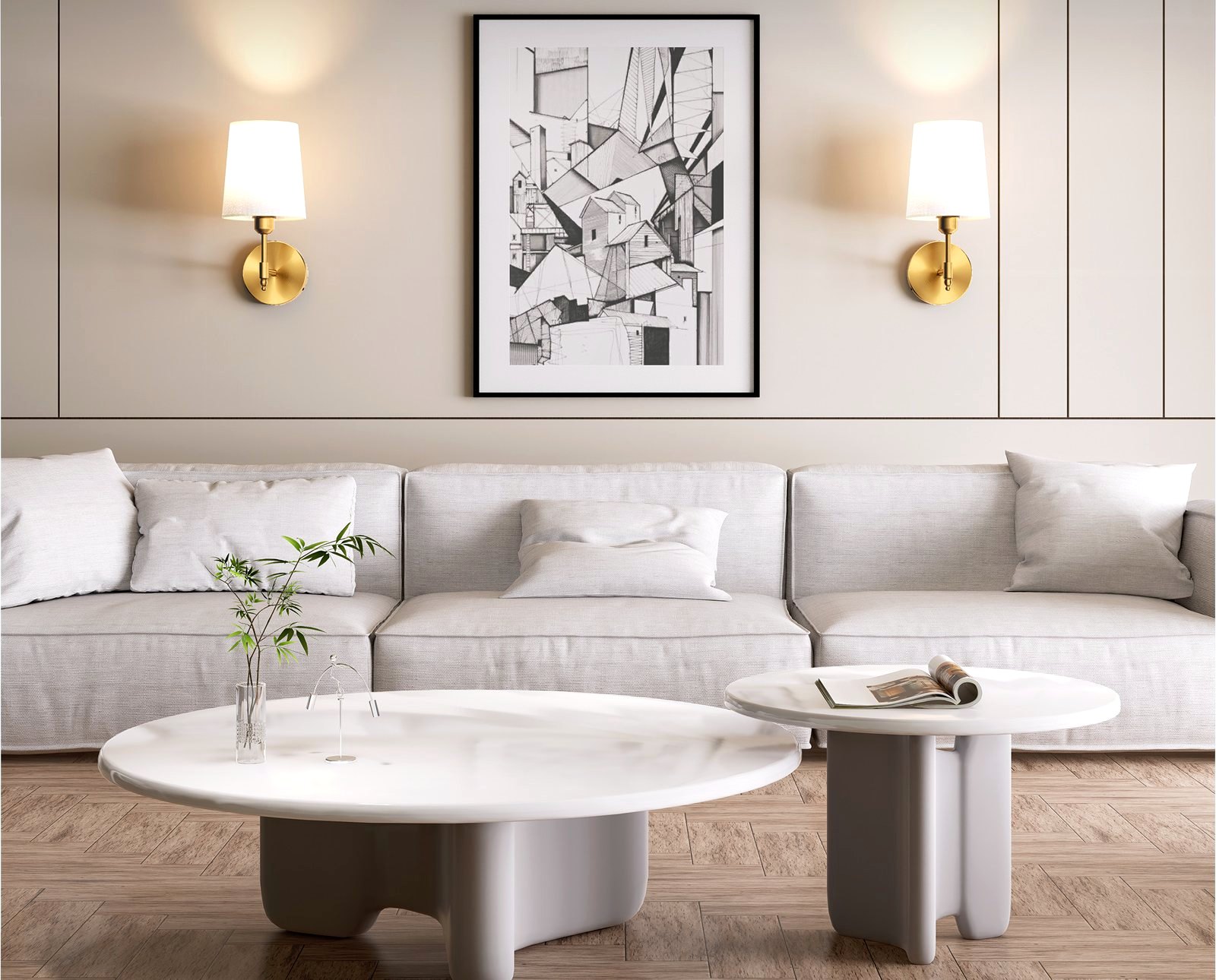 Living room lit by rechargeable wall lights