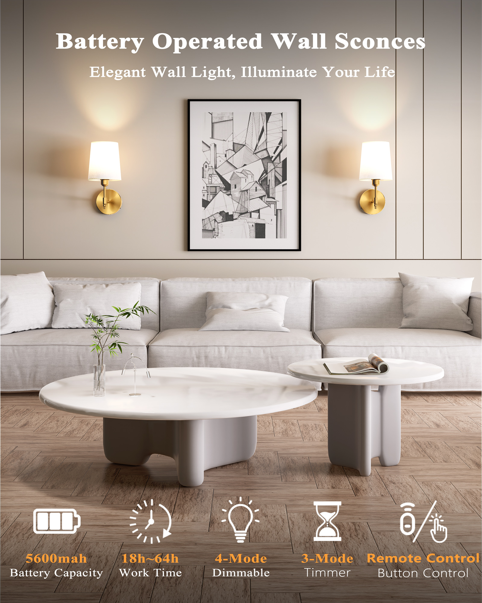 Ouyulong Battery Operated Wall Sconces Set of 2, Dimmable Battery Wireless Operated Wall Light with Remote Control, 3 Color Temperatures for Bedroom, Living Room, Hallway - 图片 2