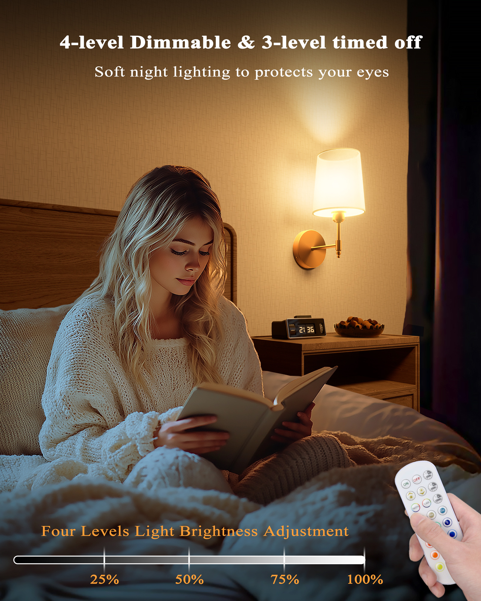 Ouyulong Battery Operated Wall Sconces Set of 2, Dimmable Battery Wireless Operated Wall Light with Remote Control, 3 Color Temperatures for Bedroom, Living Room, Hallway - 图片 3