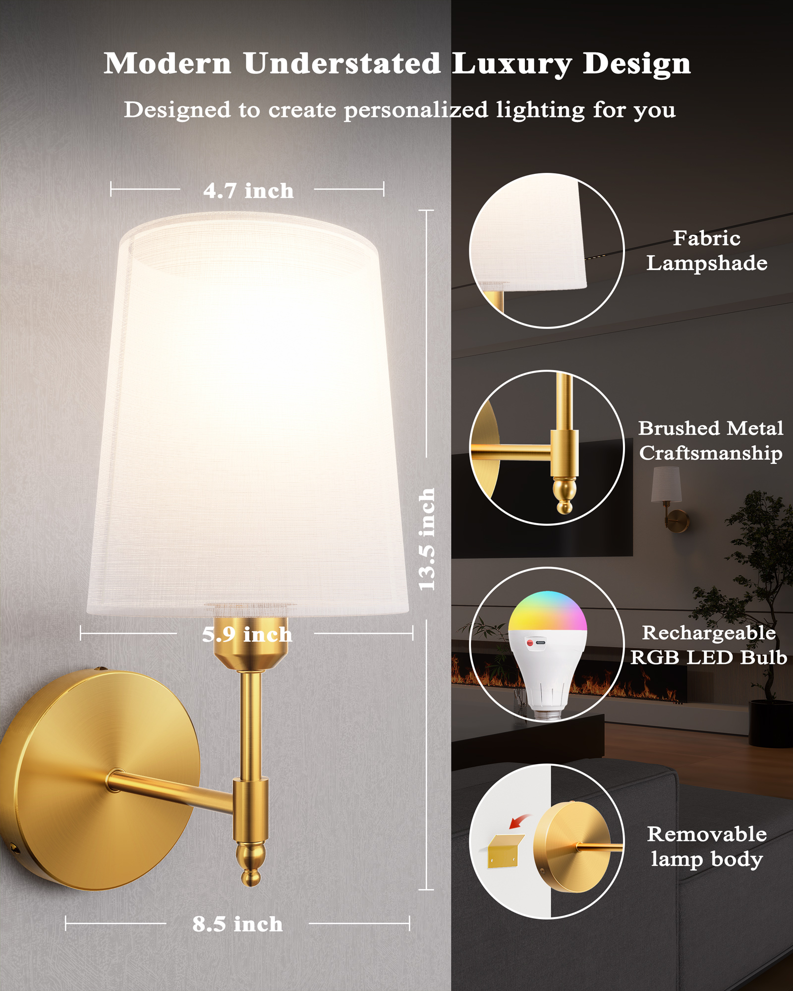 Ouyulong Battery Operated Wall Sconces Set of 2, Dimmable Battery Wireless Operated Wall Light with Remote Control, 3 Color Temperatures for Bedroom, Living Room, Hallway - 图片 5