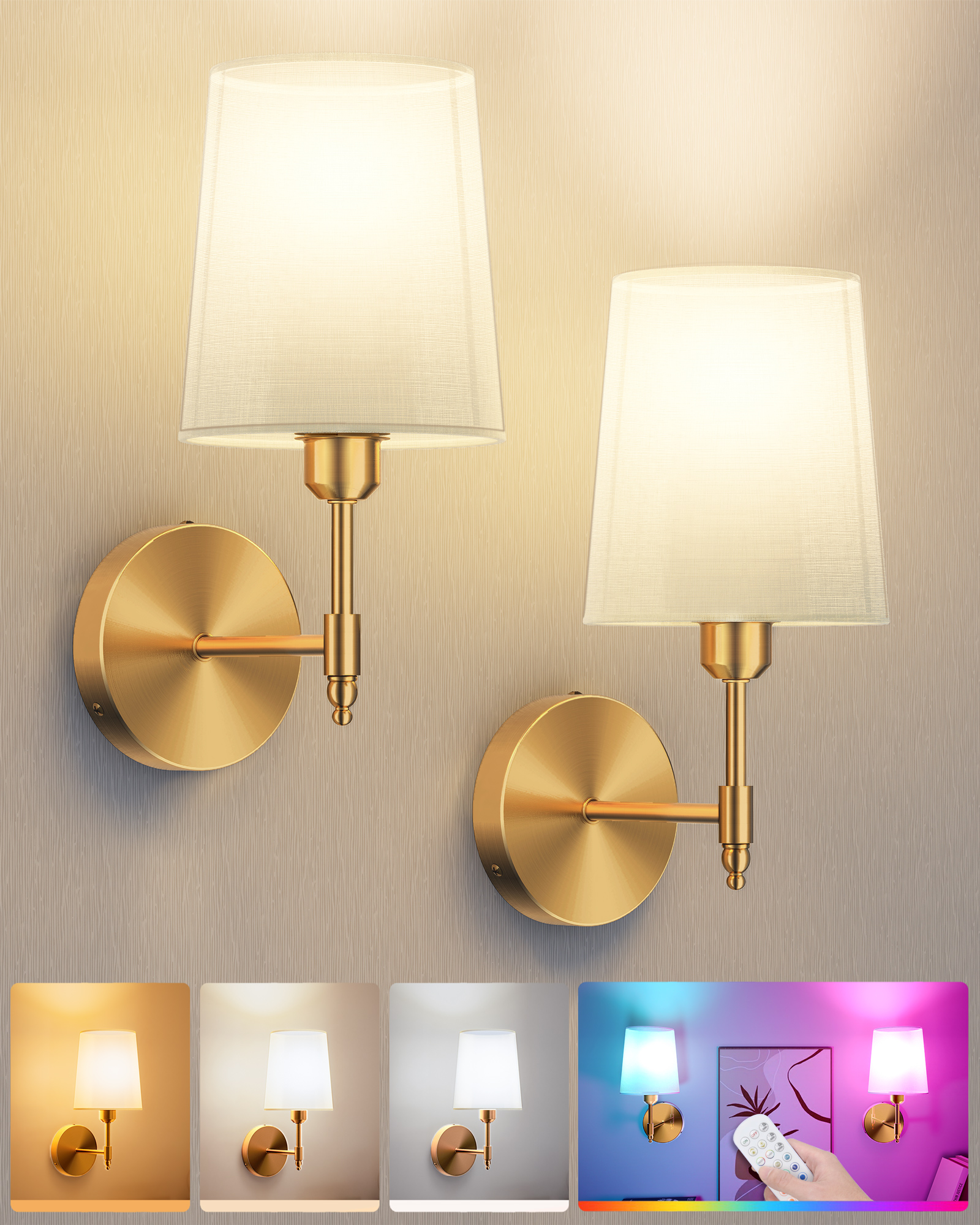 Ouyulong Battery Operated Wall Sconces Set of 2, Dimmable Battery Wireless Operated Wall Light with Remote Control, 3 Color Temperatures for Bedroom, Living Room, Hallway