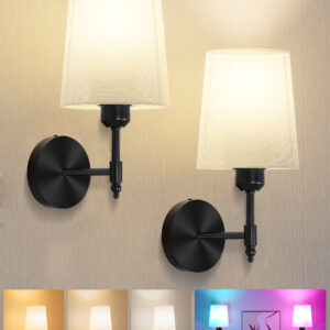 Ouyulong Battery Operated Wall Sconces Set of 2, Wireless Rechargeable Dimmable Wall Light with 5600mAh RGB Bulb and Remote for Bedroom, Living Room, Hallway (Black)