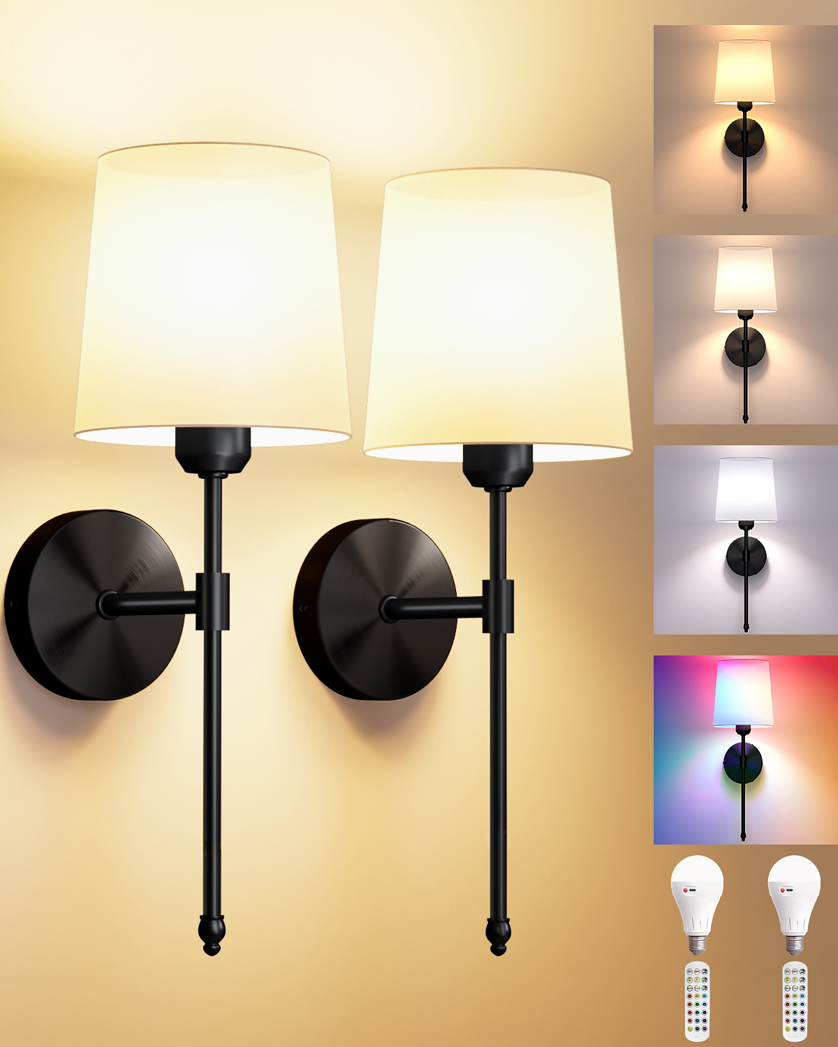 Battery Operated Wall Sconces Set of 2 – 5600mAh – 19in - Black