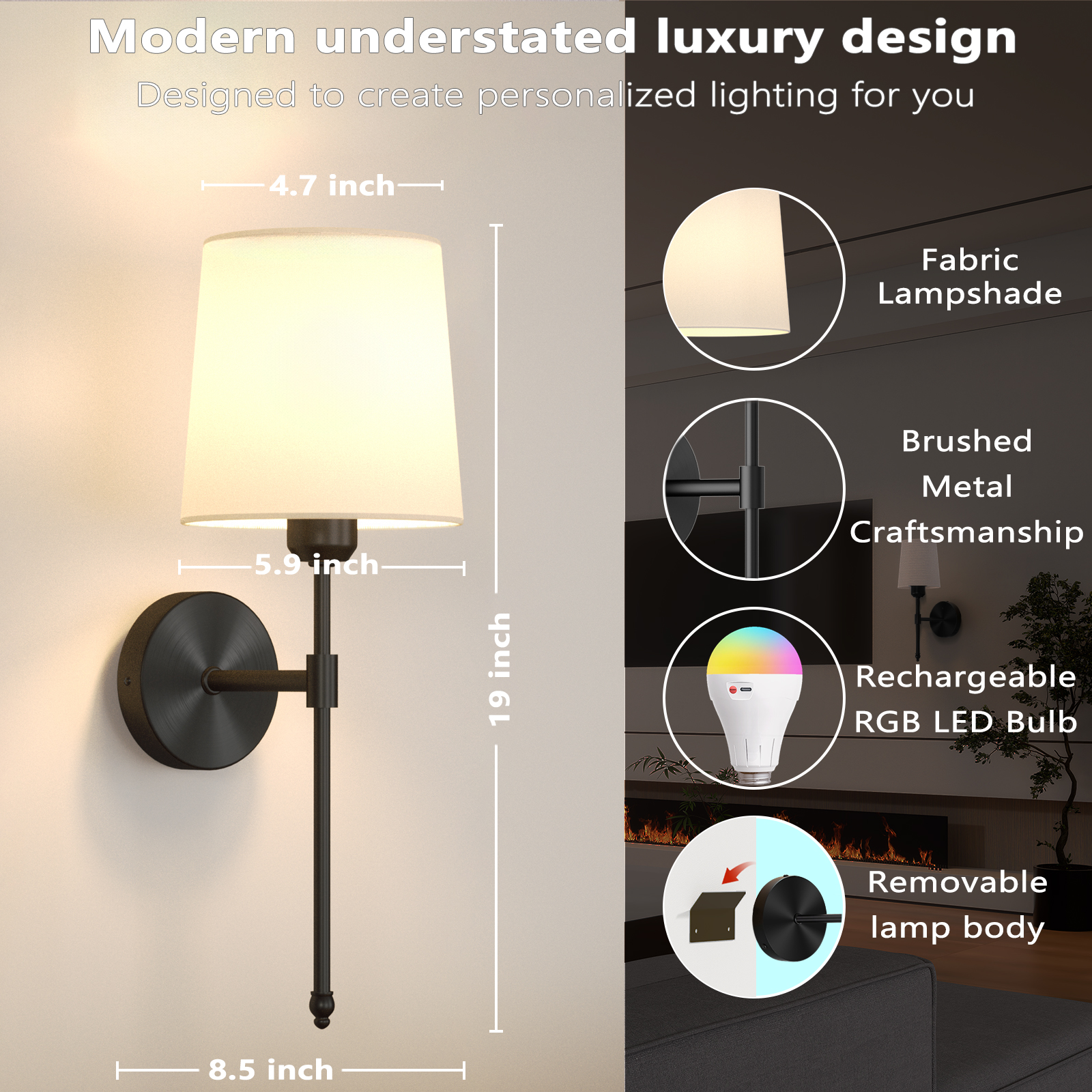 Battery Operated Wall Sconces Set of 2 – 5600mAh – 19in - Black - 图片 6
