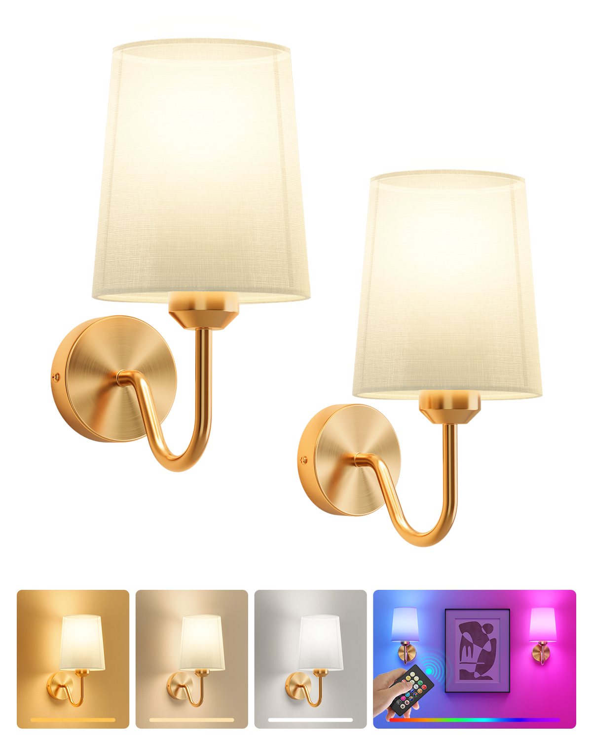 Battery Operated Wall Sconces Set of 2 – 5000mAh – 11.8in – Gold