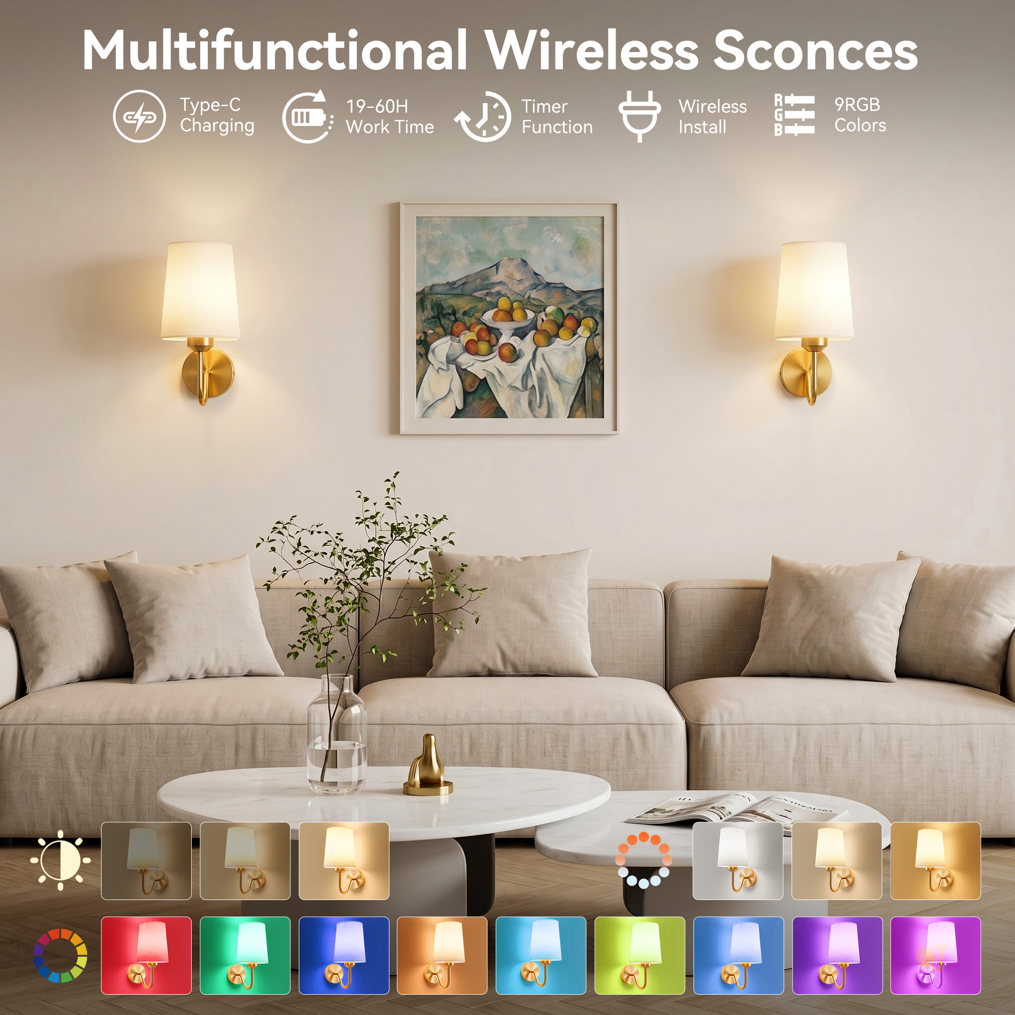 Battery Operated Wall Sconces Set of 2 – 5000mAh – 11.8in – Gold - 图片 2