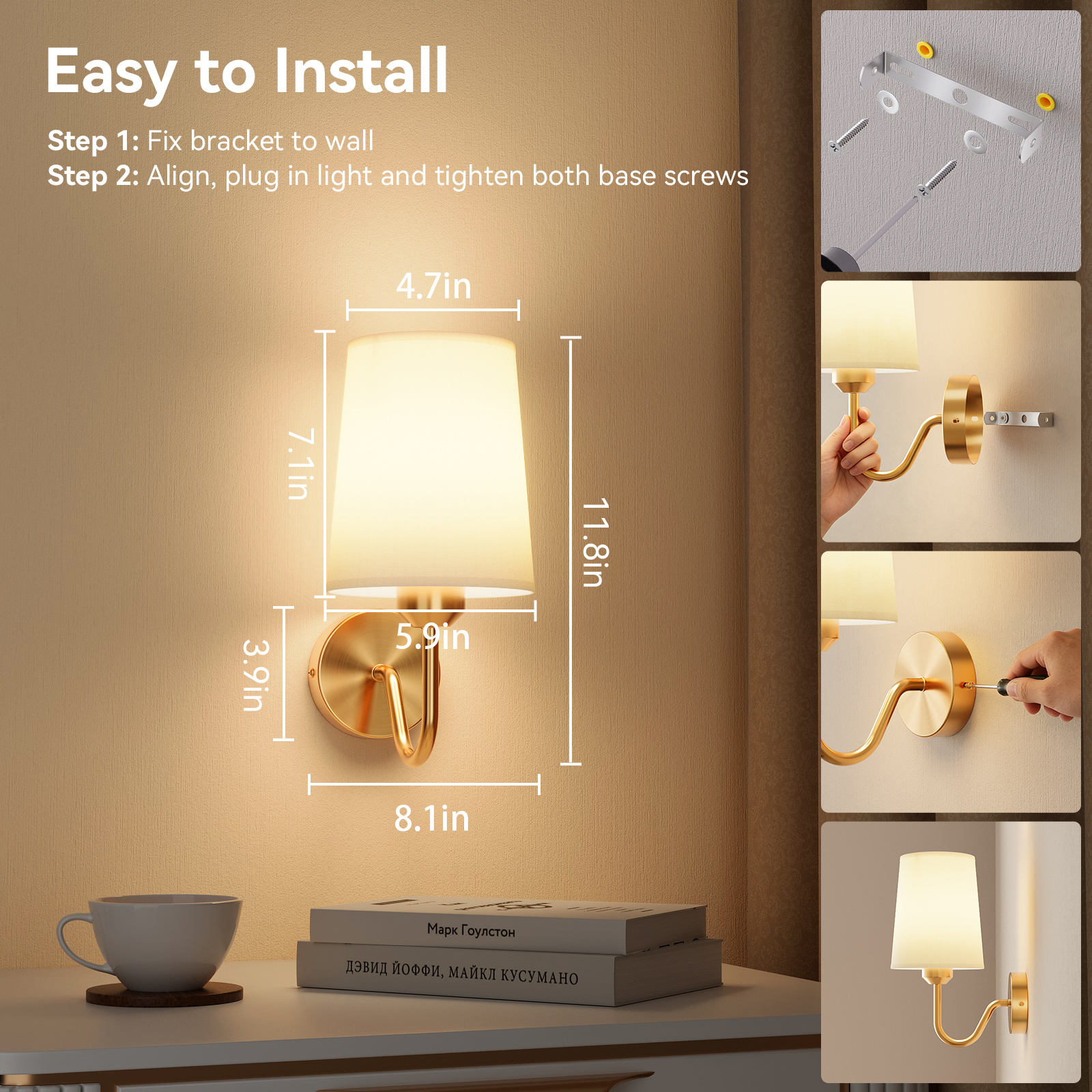 Battery Operated Wall Sconces Set of 2 – 5000mAh – 11.8in – Gold - 图片 5