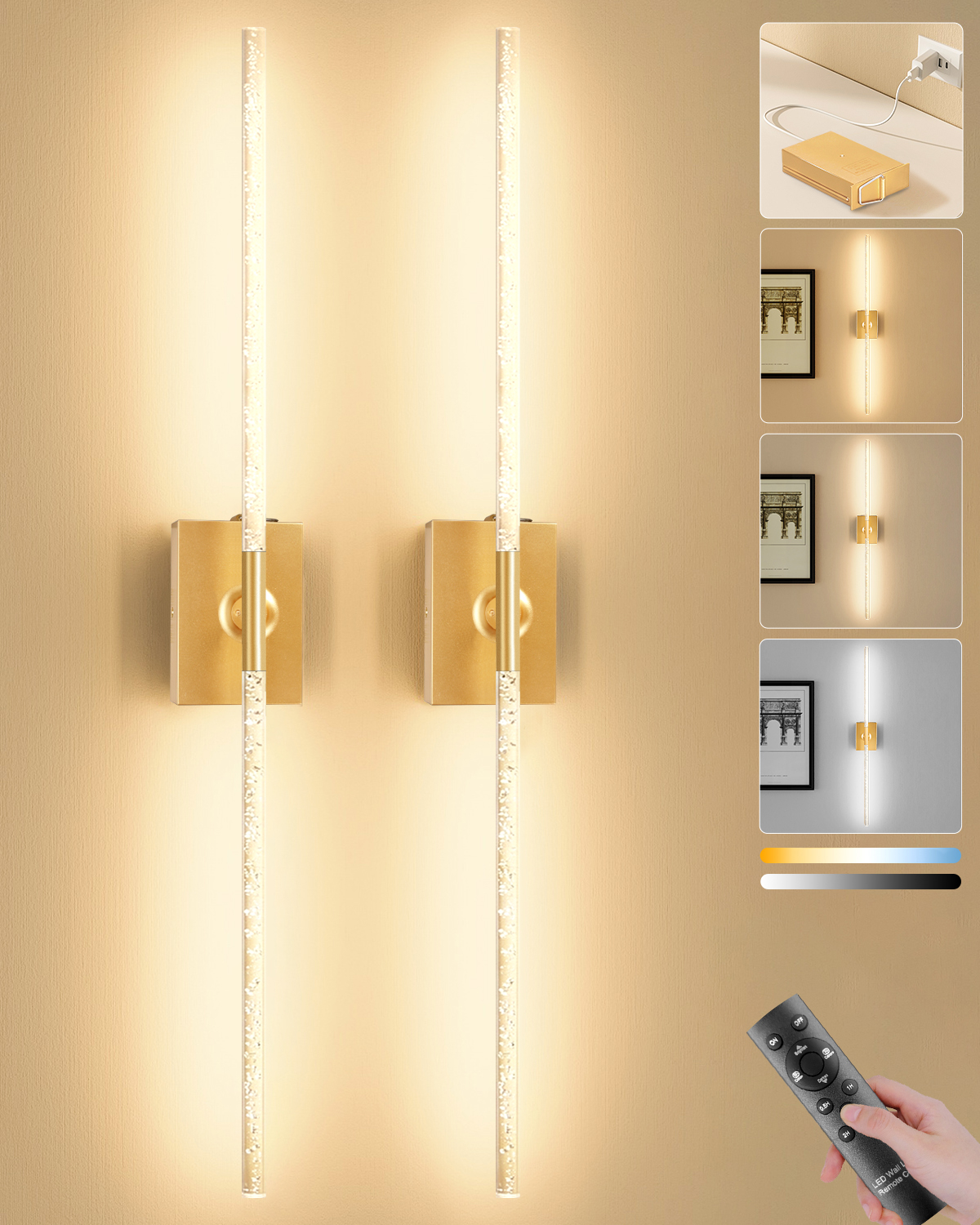 Battery Operated Wall Sconces Set of 2 – 10000mAh – 31.6in - Gold