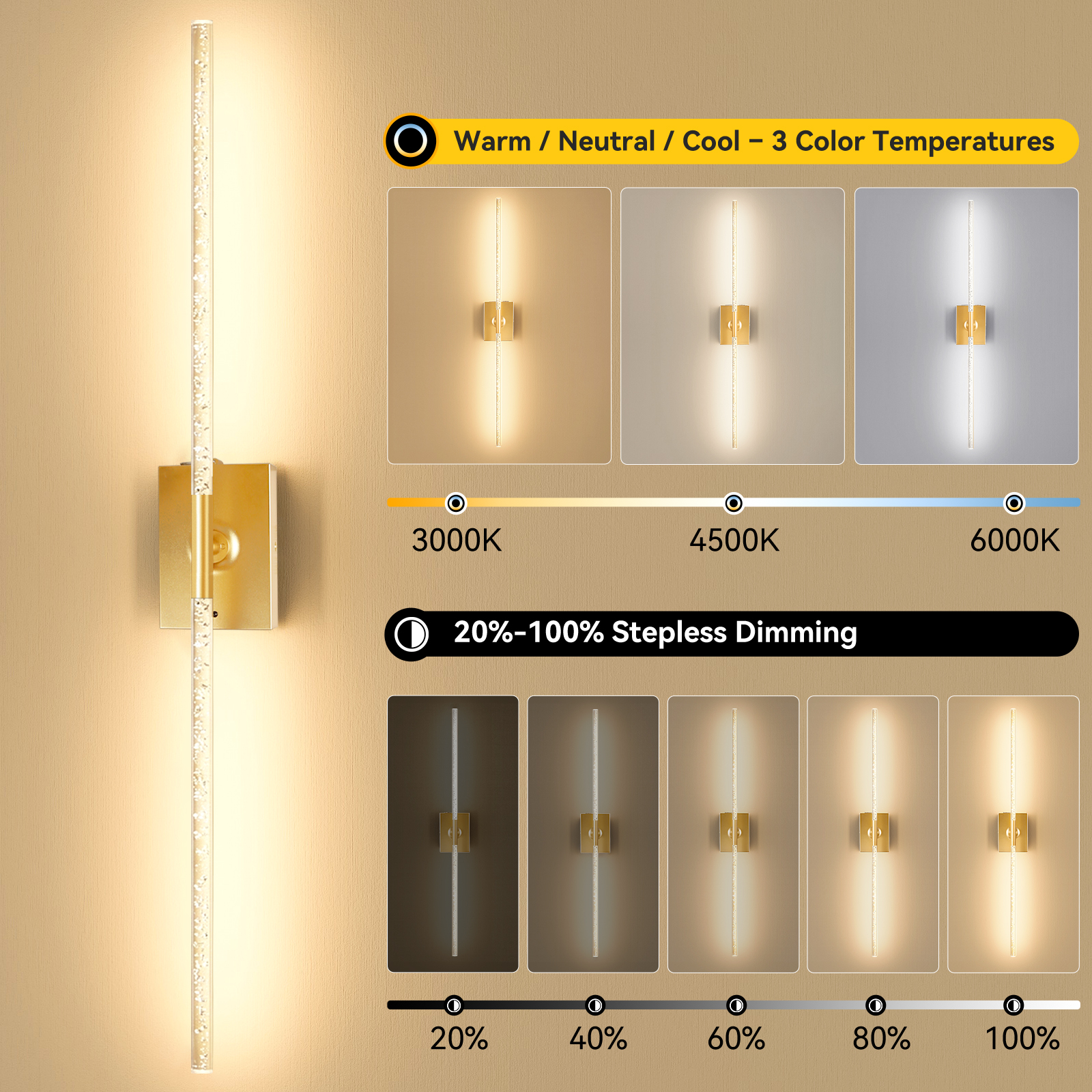 Battery Operated Wall Sconces Set of 2 – 10000mAh – 31.6in - Gold - 图片 2