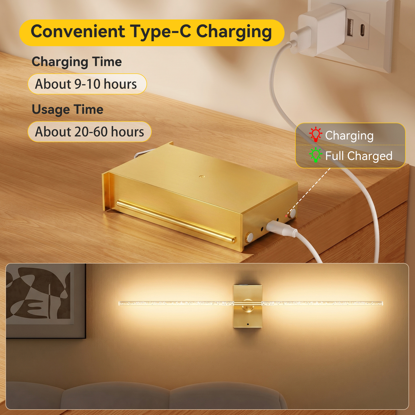 Battery Operated Wall Sconces Set of 2 – 10000mAh – 31.6in - Gold - 图片 3