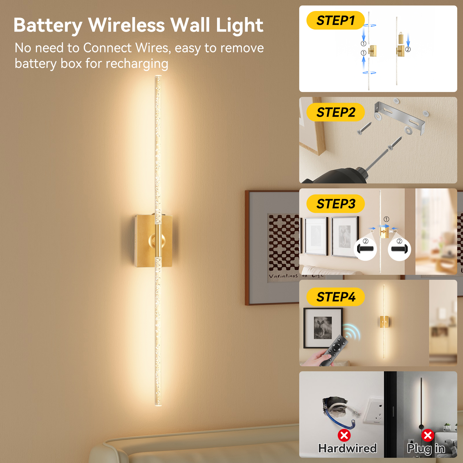 Battery Operated Wall Sconces Set of 2 – 10000mAh – 31.6in - Gold - 图片 4