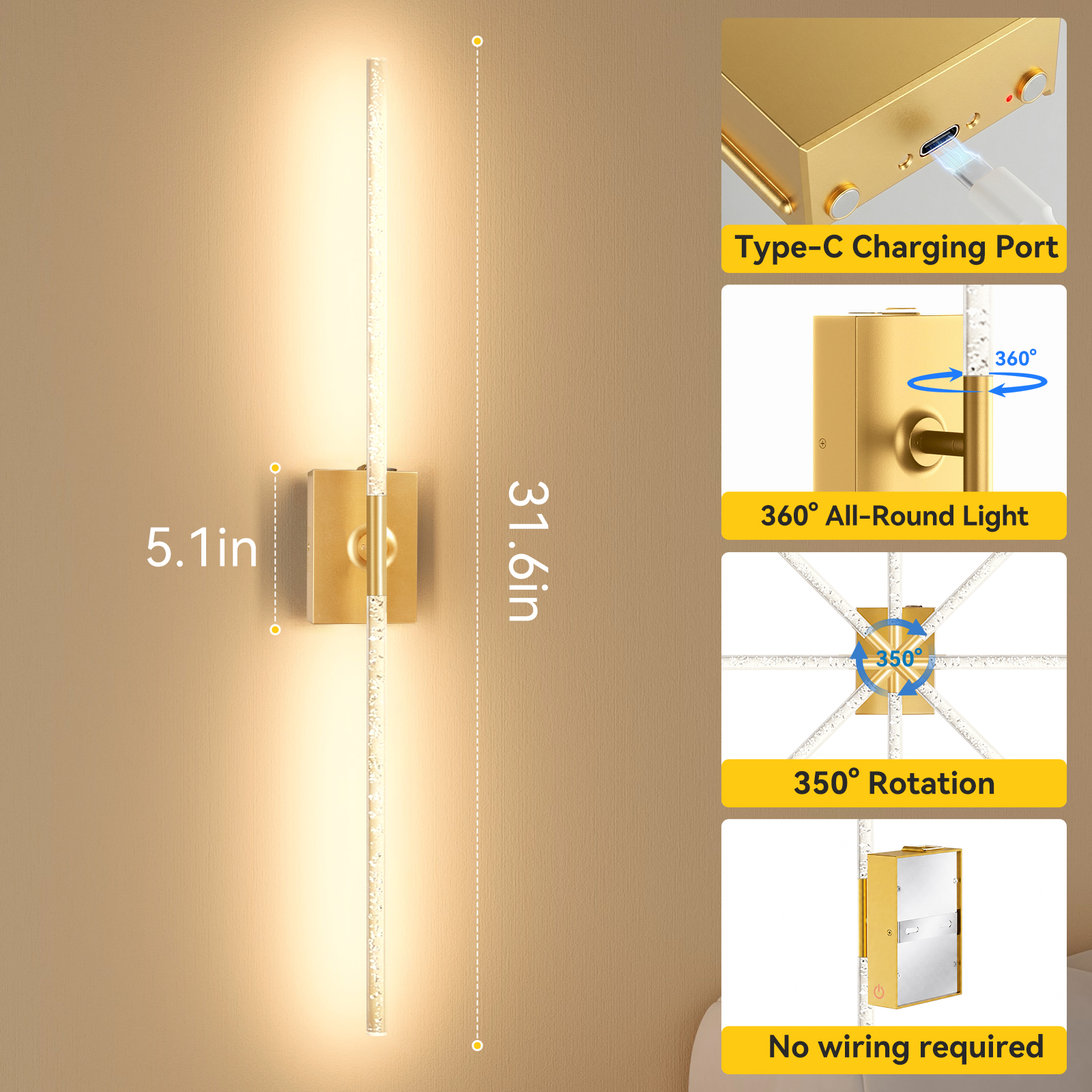 Battery Operated Wall Sconces Set of 2 – 10000mAh – 31.6in - Gold - 图片 6
