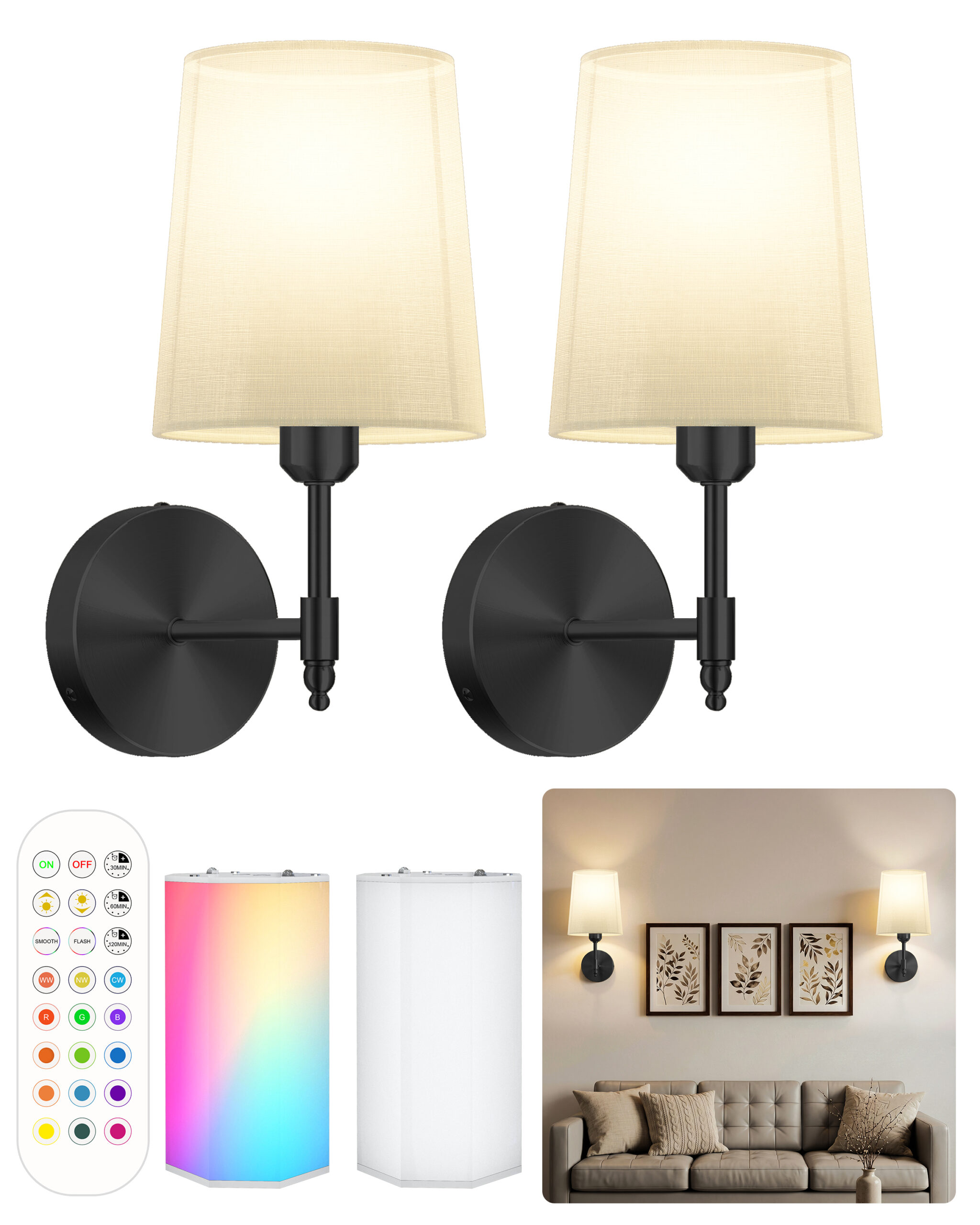 Battery Operated Wall Sconces Set of 2 – 15000mAh – 13.5in – Black
